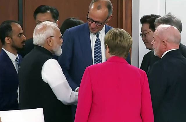 RECORD DATE NOT STATED PM Modi interacts with world leaders at the G7 Summit in France s Evian Evian France , Jun 17 (ANI): Prime Minister Narendra Modi in conversation with German Chancellor Friedrich Merz, ex-German Chancellor Angela Merkel, South Korea s President Lee Jae-myung, and others during the G7 Summit, in Evian on Wednesday. (DD ANI Video Grab) Evian France Copyright: xANIx ANI_20260617330