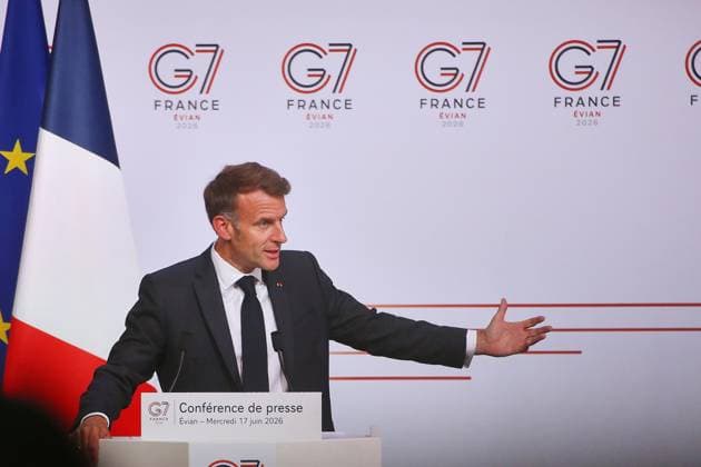 Évian-les-Bains, Frankreich, 17.06.2026: G7-Gipfel: Frankreichs Präsident Emmanuel Macron gibt am letzten Gipfeltag eine Pressekonferenz *** Évian-les-Bains, France, June 17, 2026 G7 Summit Copyright: xdtsxNachrichtenagenturx dts_123705