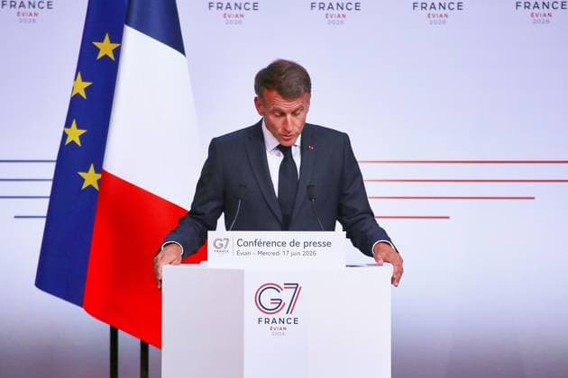 Évian-les-Bains, Frankreich, 17.06.2026: G7-Gipfel: Frankreichs Präsident Emmanuel Macron gibt am letzten Gipfeltag eine Pressekonferenz *** Évian-les-Bains, France, June 17, 2026 G7 Summit Copyright: xdtsxNachrichtenagenturx dts_123707