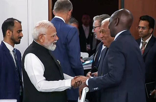 RECORD DATE NOT STATED PM Modi interacts with world leaders at the G7 Summit in France s Evian Evian France , Jun 17 (ANI): Prime Minister Narendra Modi in conversation with European Council President Antonio Costa and Kenya s President William Samoei Ruto during the G7 Summit, in Evian on Wednesday. (DD ANI Video Grab) Evian France Copyright: xANIx ANI_20260617350