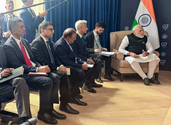 RECORD DATE NOT STATED PM Modi and US President Donald Trump hold a bilateral meeting on the sidelines of the G7 Summit 2026 Evian France , Jun 17 (ANI): Prime Minister Narendra Modi and US President Donald Trump (unseen) hold a bilateral meeting on the sidelines of the G7 Summit 2026, in Evian on Wednesday. Evian France Copyright: xANIx ANI_20260617401