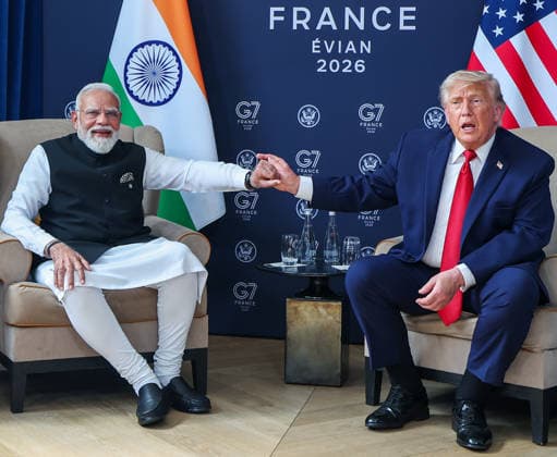 PM Modi and US President Donald Trump hold a bilateral meeting on the sidelines of the G7 Summit 2026 Evian France , Jun 17 (ANI): Prime Minister Narendra Modi and US President Donald Trump hold a bilateral meeting on the sidelines of the G7 Summit 2026, in Evian on Wednesday. (DPR PMO ANI Photo) Evian France Copyright: xANIx ANI_20260617448