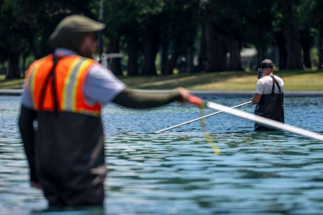 U.S. National Park Service employees use a vacuum pump to clean algae off the bottom of the newly repainted Lincoln Memorial Reflecting Pool on the National Mall in Washington, DC on Wednesday, June 17, 2026. The Trump Administration spent $16 million to paint the bottom of the pool American flag blue and as part of an effort to repair Washington landmarks in for preparation the country s 250th birthday this summer.  WAP20260617314 BONNIExCASH