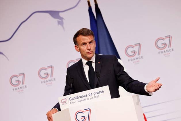 French President Emmanuel Macron during the closing press conference of the G7 summit in Évian-les-Bains, France, on June 17, 2026. Dominique Jacovides Bestimage French President Emmanuel Macron during the closing press conference of the G7 summit in Évian-les-Bains, France, on June 17, 2026 Évian-les-Bains France,detected_source_language  Copyright: xDOMINIQUExJACOVIDESx xBESTIMAGExDOMINIQUExJACOVIDESx xBESTIMAGEx