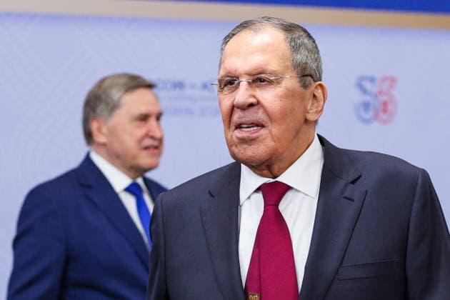 RUSSIA, KAZAN - JUNE 17, 2026: Russia s Foreign Minister Sergei Lavrov (R) and Russian President Putin s adviser Yuri Ushakov are seen during a meeting between Russia s President Vladimir Putin and Hakan Fidan, Foreign Minister of Turkey, on the sidelines of the 2026 Russia-ASEAN Summit at the Galiaskar Kamal Tatar Academic Theatre. Alexander Shcherbak TASS  93954769