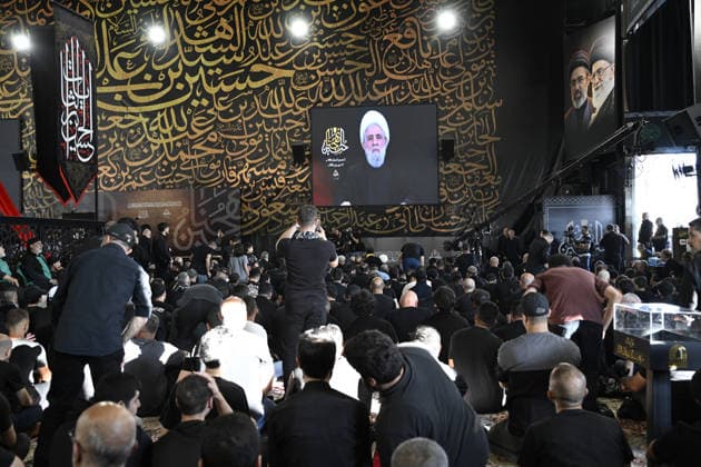 Hezbollah holds event in Beirut to mark Day of Ashura BEIRUT, LEBANON - JUNE 17: Hezbollah Secretary-General Naim Qassem addresses participants via video conference during an event marking the Day of Ashura at the tomb of former Hezbollah chief Hasan Nasrallah in the Dahieh district, south of the capital Beirut, Lebanon on June 17, 2026. Houssam Shbaro Anadolu Beirut Lebanon. Editorial use only. Please get in touch for any other usage.  Copyright: x2026xAnadoluxHoussamxShbarox