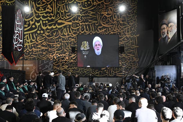 Hezbollah holds event in Beirut to mark Day of Ashura BEIRUT, LEBANON - JUNE 17: Hezbollah Secretary-General Naim Qassem addresses participants via video conference during an event marking the Day of Ashura at the tomb of former Hezbollah chief Hasan Nasrallah in the Dahieh district, south of the capital Beirut, Lebanon on June 17, 2026. Houssam Shbaro Anadolu Beirut Lebanon. Editorial use only. Please get in touch for any other usage.  Copyright: x2026xAnadoluxHoussamxShbarox