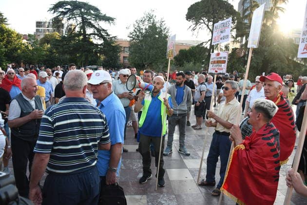 Anti-tourism project protests continue for 18th day in Albania TIRANA, ALBANIA - JUNE 17: Protests against a planned tourism project in the Zvernec area of the coastal city of Vlora continue for a 18th consecutive day in Tirana, Albania on June 17, 2026. Demonstrators gathered in Skanderbeg Square under the slogan Albania is not for sale, with a large number of participants joining the rally. Protesters opposed the reported sale of a beach in Zvernec as part of a tourism project allegedly linked to Ivanka Trump and Jared Kushner. Carrying banners, placards, and Albanian flags, demonstrators marched along the Boulevard of the Martyrs of the Nation toward the Prime Minister’s Office. Olsi Shehu Anadolu Tirana Albania. Editorial use only.  Copyright: x2026xAnadoluxOlsixShehux