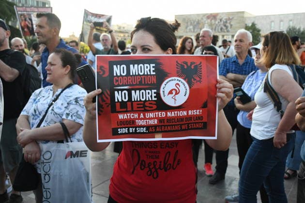 Anti-tourism project protests continue for 18th day in Albania TIRANA, ALBANIA - JUNE 17: Protests against a planned tourism project in the Zvernec area of the coastal city of Vlora continue for a 18th consecutive day in Tirana, Albania on June 17, 2026. Demonstrators gathered in Skanderbeg Square under the slogan Albania is not for sale, with a large number of participants joining the rally. Protesters opposed the reported sale of a beach in Zvernec as part of a tourism project allegedly linked to Ivanka Trump and Jared Kushner. Carrying banners, placards, and Albanian flags, demonstrators marched along the Boulevard of the Martyrs of the Nation toward the Prime Minister’s Office. Olsi Shehu Anadolu Tirana Albania. Editorial use only.  Copyright: x2026xAnadoluxOlsixShehux