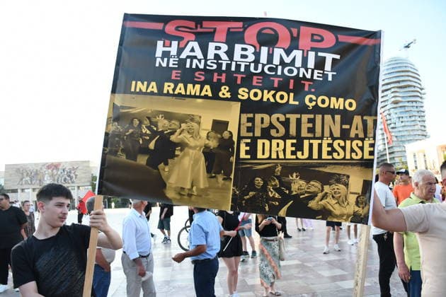 Anti-tourism project protests continue for 18th day in Albania TIRANA, ALBANIA - JUNE 17: Protests against a planned tourism project in the Zvernec area of the coastal city of Vlora continue for a 18th consecutive day in Tirana, Albania on June 17, 2026. Demonstrators gathered in Skanderbeg Square under the slogan Albania is not for sale, with a large number of participants joining the rally. Protesters opposed the reported sale of a beach in Zvernec as part of a tourism project allegedly linked to Ivanka Trump and Jared Kushner. Carrying banners, placards, and Albanian flags, demonstrators marched along the Boulevard of the Martyrs of the Nation toward the Prime Minister’s Office. Olsi Shehu Anadolu Tirana Albania. Editorial use only.  Copyright: x2026xAnadoluxOlsixShehux