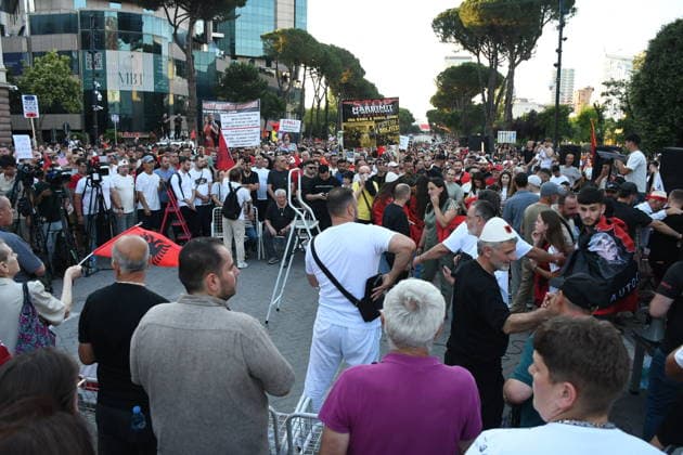Anti-tourism project protests continue for 18th day in Albania TIRANA, ALBANIA - JUNE 17: Protests against a planned tourism project in the Zvernec area of the coastal city of Vlora continue for a 18th consecutive day in Tirana, Albania on June 17, 2026. Demonstrators gathered in Skanderbeg Square under the slogan Albania is not for sale, with a large number of participants joining the rally. Protesters opposed the reported sale of a beach in Zvernec as part of a tourism project allegedly linked to Ivanka Trump and Jared Kushner. Carrying banners, placards, and Albanian flags, demonstrators marched along the Boulevard of the Martyrs of the Nation toward the Prime Minister’s Office. Olsi Shehu Anadolu Tirana Albania. Editorial use only.  Copyright: x2026xAnadoluxOlsixShehux