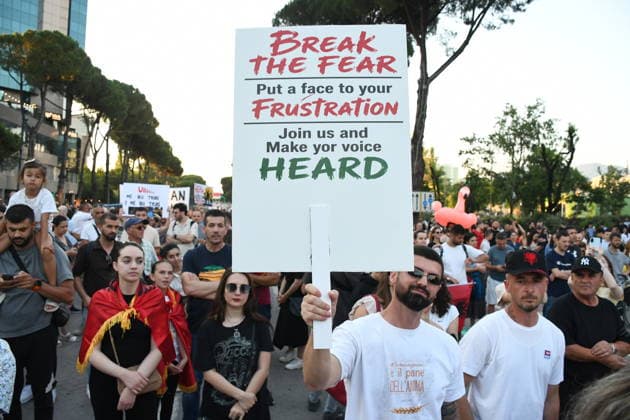 Anti-tourism project protests continue for 18th day in Albania TIRANA, ALBANIA - JUNE 17: Protests against a planned tourism project in the Zvernec area of the coastal city of Vlora continue for a 18th consecutive day in Tirana, Albania on June 17, 2026. Demonstrators gathered in Skanderbeg Square under the slogan Albania is not for sale, with a large number of participants joining the rally. Protesters opposed the reported sale of a beach in Zvernec as part of a tourism project allegedly linked to Ivanka Trump and Jared Kushner. Carrying banners, placards, and Albanian flags, demonstrators marched along the Boulevard of the Martyrs of the Nation toward the Prime Minister’s Office. Olsi Shehu Anadolu Tirana Albania. Editorial use only.  Copyright: x2026xAnadoluxOlsixShehux
