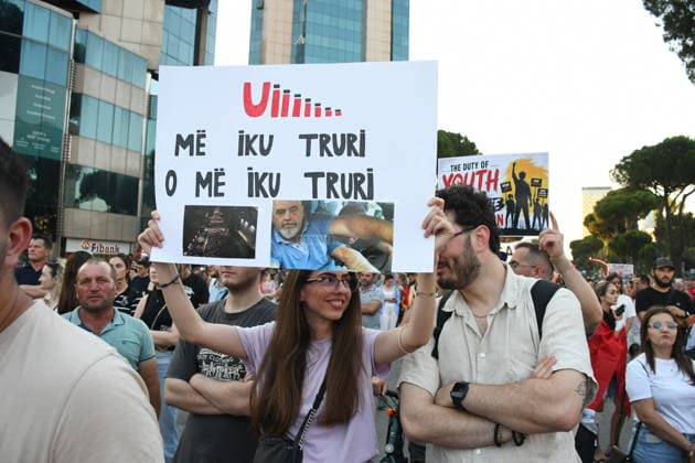 Anti-tourism project protests continue for 18th day in Albania TIRANA, ALBANIA - JUNE 17: Protests against a planned tourism project in the Zvernec area of the coastal city of Vlora continue for a 18th consecutive day in Tirana, Albania on June 17, 2026. Demonstrators gathered in Skanderbeg Square under the slogan Albania is not for sale, with a large number of participants joining the rally. Protesters opposed the reported sale of a beach in Zvernec as part of a tourism project allegedly linked to Ivanka Trump and Jared Kushner. Carrying banners, placards, and Albanian flags, demonstrators marched along the Boulevard of the Martyrs of the Nation toward the Prime Minister’s Office. Olsi Shehu Anadolu Tirana Albania. Editorial use only.  Copyright: x2026xAnadoluxOlsixShehux