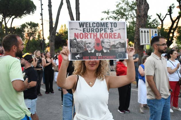 Anti-tourism project protests continue for 18th day in Albania TIRANA, ALBANIA - JUNE 17: Protests against a planned tourism project in the Zvernec area of the coastal city of Vlora continue for a 18th consecutive day in Tirana, Albania on June 17, 2026. Demonstrators gathered in Skanderbeg Square under the slogan Albania is not for sale, with a large number of participants joining the rally. Protesters opposed the reported sale of a beach in Zvernec as part of a tourism project allegedly linked to Ivanka Trump and Jared Kushner. Carrying banners, placards, and Albanian flags, demonstrators marched along the Boulevard of the Martyrs of the Nation toward the Prime Minister’s Office. Olsi Shehu Anadolu Tirana Albania. Editorial use only.  Copyright: x2026xAnadoluxOlsixShehux