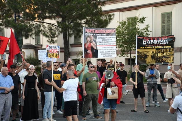 Anti-tourism project protests continue for 18th day in Albania TIRANA, ALBANIA - JUNE 17: Protests against a planned tourism project in the Zvernec area of the coastal city of Vlora continue for a 18th consecutive day in Tirana, Albania on June 17, 2026. Demonstrators gathered in Skanderbeg Square under the slogan Albania is not for sale, with a large number of participants joining the rally. Protesters opposed the reported sale of a beach in Zvernec as part of a tourism project allegedly linked to Ivanka Trump and Jared Kushner. Carrying banners, placards, and Albanian flags, demonstrators marched along the Boulevard of the Martyrs of the Nation toward the Prime Minister’s Office. Olsi Shehu Anadolu Tirana Albania. Editorial use only.  Copyright: x2026xAnadoluxOlsixShehux