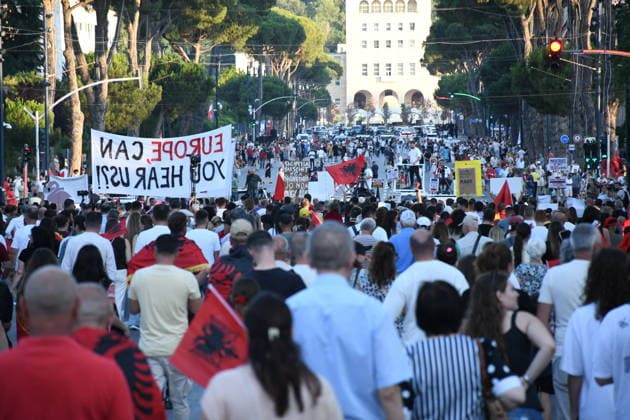 Anti-tourism project protests continue for 18th day in Albania TIRANA, ALBANIA - JUNE 17: Protests against a planned tourism project in the Zvernec area of the coastal city of Vlora continue for a 18th consecutive day in Tirana, Albania on June 17, 2026. Demonstrators gathered in Skanderbeg Square under the slogan Albania is not for sale, with a large number of participants joining the rally. Protesters opposed the reported sale of a beach in Zvernec as part of a tourism project allegedly linked to Ivanka Trump and Jared Kushner. Carrying banners, placards, and Albanian flags, demonstrators marched along the Boulevard of the Martyrs of the Nation toward the Prime Minister’s Office. Olsi Shehu Anadolu Tirana Albania. Editorial use only.  Copyright: x2026xAnadoluxOlsixShehux