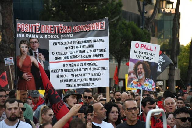 Anti-tourism project protests continue for 18th day in Albania TIRANA, ALBANIA - JUNE 17: Protests against a planned tourism project in the Zvernec area of the coastal city of Vlora continue for a 18th consecutive day in Tirana, Albania on June 17, 2026. Demonstrators gathered in Skanderbeg Square under the slogan Albania is not for sale, with a large number of participants joining the rally. Protesters opposed the reported sale of a beach in Zvernec as part of a tourism project allegedly linked to Ivanka Trump and Jared Kushner. Carrying banners, placards, and Albanian flags, demonstrators marched along the Boulevard of the Martyrs of the Nation toward the Prime Minister’s Office. Olsi Shehu Anadolu Tirana Albania. Editorial use only.  Copyright: x2026xAnadoluxOlsixShehux