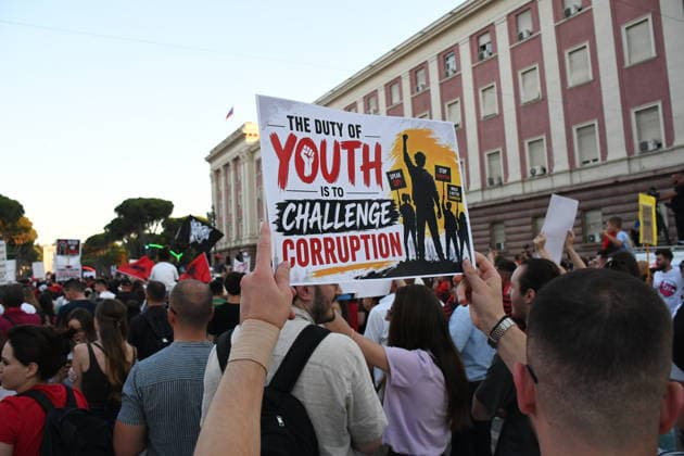 Anti-tourism project protests continue for 18th day in Albania TIRANA, ALBANIA - JUNE 17: Protests against a planned tourism project in the Zvernec area of the coastal city of Vlora continue for a 18th consecutive day in Tirana, Albania on June 17, 2026. Demonstrators gathered in Skanderbeg Square under the slogan Albania is not for sale, with a large number of participants joining the rally. Protesters opposed the reported sale of a beach in Zvernec as part of a tourism project allegedly linked to Ivanka Trump and Jared Kushner. Carrying banners, placards, and Albanian flags, demonstrators marched along the Boulevard of the Martyrs of the Nation toward the Prime Minister’s Office. Olsi Shehu Anadolu Tirana Albania. Editorial use only.  Copyright: x2026xAnadoluxOlsixShehux