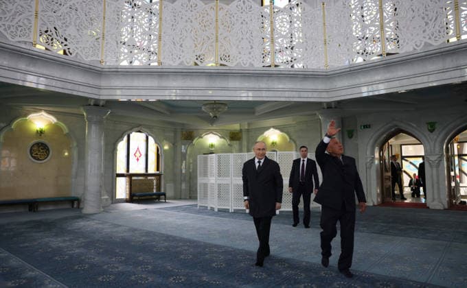 June 17, 2026, Kazan, Tatarstan, Russia: Russian President Vladimir Putin, left, listens to Republic of Tatarstan head Rustam Minnikhanov, right, during a tour of the Kul Sharif Mosque at the Kazak Kremlin complex, June 17, 2026 in Kazan, Tatarstan, Russia. Putin is in Tatarstan for the Russia-Association of Southeast Asian Nations Summit. Kazan Russia - ZUMAp138 20260617_zaa_p138_021 Copyright: xMikhailxMetzel RussianxPresidentx