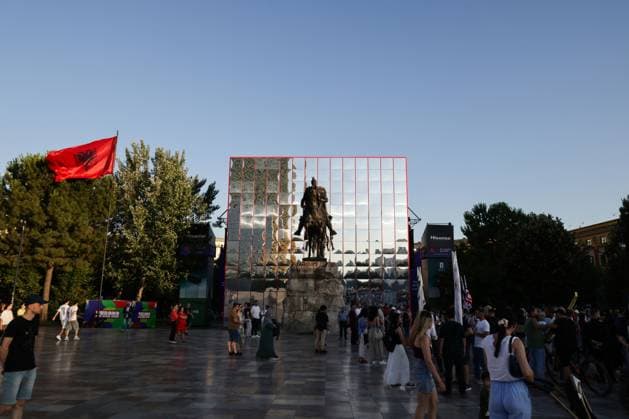 Protesters Rally Against Proposed Tourism Development in Tirana TIRANA, ALBANIA JUNE 17, 2026: Environmental activists, civil society groups, families and young people take part in the eighteenth consecutive day of demonstrations against a proposed luxury tourism development project linked to Jared Kushner. Protesters marched through central Tirana carrying banners, placards and Albanian flags while calling for the cancellation of the project and raising concerns about its potential environmental impact. Flamingo-themed installations and symbolic displays featured prominently during the rally, reflecting a growing symbol of the protest movement. Tirana Albania Copyright: x xVlasovxSulajx xJNAxPressx