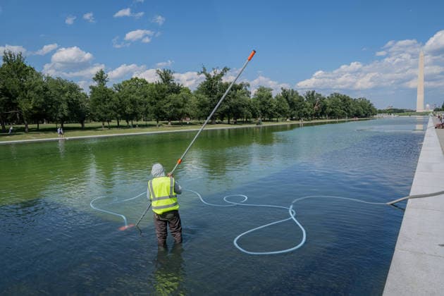 June 17, 2026, Washington, District Of Columbia, USA: Members of the National Park Service continue removing residual algae from the Lincoln Memorial Reflecting Pool on the National Mall in Washington, D.C. Officials said the algae bloom resulted from residual algae left in the system during the restart of pool operations following recent renovations, and crews have made significant progress restoring water quality. Washington USA - ZUMAk206 20260617_znp_k206_001 Copyright: xMattxKaminskyx
