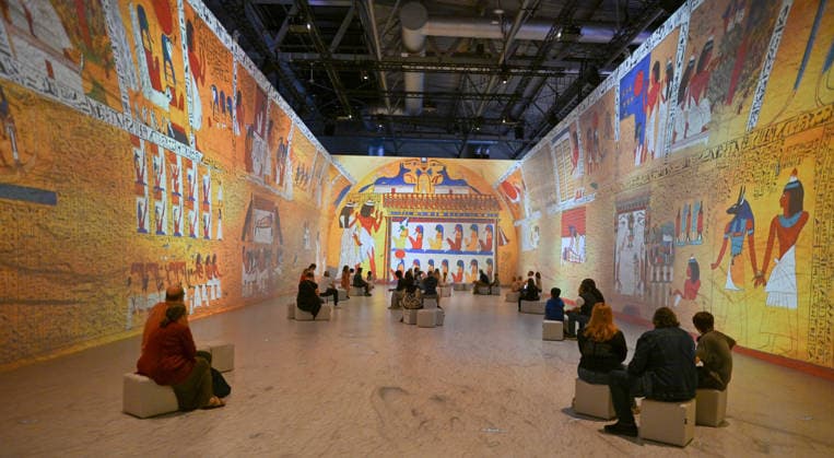 Tutankhamun The Immersive Experience, NEC, Birmingham UK Tutankhamun The Immersive Experience arrives at the NEC, Birmingham UK for 12 weeks. Following hugely successful runs in cities such as Madrid, Hamburg, Cairo, Sao Paulo, Barcelona, Vienna, Malmö, London, Glasgow and Stockholm, the groundbreaking 2,000 square metre exhibition invites visitors to step back in time and embark upon an exhilarating journey through ancient Egypt, discovering the myths and mysteries surrounding Pharaoh Tutankhamun. Created in collaboration with Egyptologists and historians, the exhibition features one of Europe™s most expansive immersive video mapping rooms with projections on 8-metre-high surfaces. Blending cutting-edge technology with Egyptian hi  Copyright: xJulesxAnnanx xAvalonx 1110840065