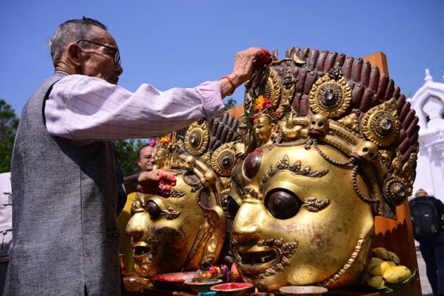 June 18, 2026, Kathmandu, Bagmati, Nepal: The sacred 16th-century Bhairava masks are pictured in a procession as they depart the National Museum of Nepal in Chhauni, Kathmandu, on June 18, 2026, en route to their original shrine in Dolakha after more than three decades abroad. The revered masks were stolen in March 1994 and later trafficked internationally before entering museum circulation in the United States. Following provenance research and legal coordination between Nepali authorities and the Manhattan District AttorneyÃ¢â‚¬â ¢s Office, the masks were formally returned and repatriated to Nepal in December 2023. Their return marks a significant milestone in ongoing efforts to restore stolen cultural heritage to its place of origin and - ZUMAs330 20260618_zsp_s330_011 Copyright: xSafalxPrakashxShresthax