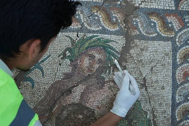 Depiction of the 3rd-Century river god Young Eurymedon discovered in Aspendos ANTALYA, TURKIYE - JUNE 18: (----EDITORIAL USE ONLY MANDATORY CREDIT - TURKISH MINISTRY OF CULTURE AND TOURISM HANDOUT - NO MARKETING NO ADVERTISING CAMPAIGNS - DISTRIBUTED AS A SERVICE TO CLIENTS----) Archaeologists uncover a mosaic-decorated architectural structure measuring approximately 6 by 25 meters during excavations carried out in the eastern square of Theatre Street, which connects the Acropolis of Aspendos with the theater in Antalya, Turkiye on June 18, 2026. Based on its iconographic features and comparable examples, the figure is identified as the Young Eurymedon, the river god of Aspendos, symbolizing the Eurymedon River that gave life to the  Copyright: x2026xAnadoluxTurxMinistryxofxCulturexandxTourismx