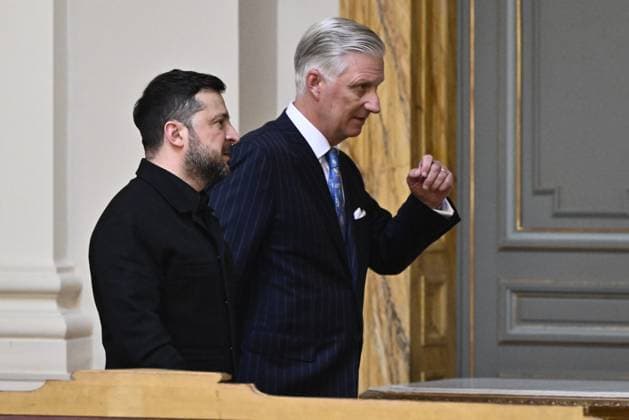 Ukraine president Volodymyr Zelensky, King Philippe - Filip of Belgium and pictured during a lunch at the Royal Palace, on Thursday 18 June 2026 in Brussels.  ERICxLALMAND 178038896