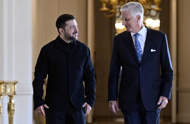 Ukraine president Volodymyr Zelensky and King Philippe - Filip of Belgium pictured before a lunch at the Royal Palace, on Thursday 18 June 2026 in Brussels.  ERICxLALMAND 178040729