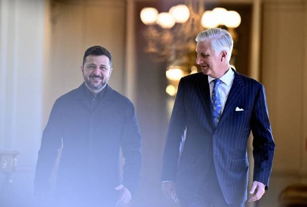 Ukraine president Volodymyr Zelensky and King Philippe - Filip of Belgium pictured before a lunch at the Royal Palace, on Thursday 18 June 2026 in Brussels.  ERICxLALMAND 178041929