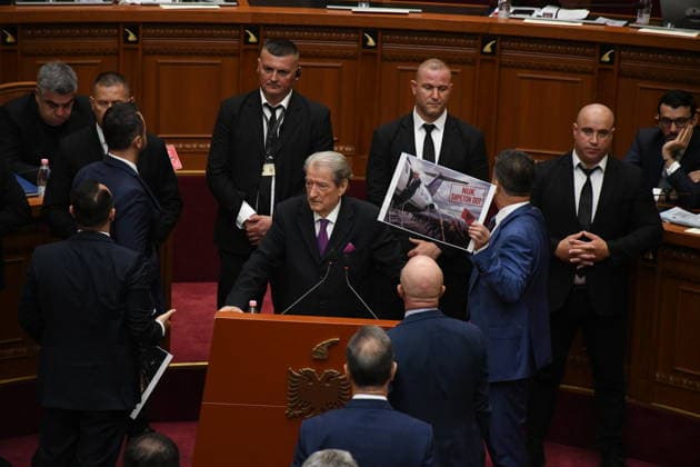 Opposition MPs in Albania block the parliamentary podium TIRANA, ALBANIA - JUNE 18: Chairman of the Democratic Party of Albania Sali Berisha is seen as session of the Albanian Parliament is interrupted several times after MPs from the main opposition party, the Democratic Party (PD), block the podium in Tirana, Albania on June 18, 2026. The agenda for the parliamentary session included a briefing by Ferit Hoxha, Minister for European and Foreign Affairs, on the country’s accession negotiations with the European Union (EU), and the discussion of several draft laws. After Parliamentary Speaker Niko Peleshi gave the floor to Minister Hoxha, PD MPs blocked the podium, demanding that the floor be given to the party’s leader, Sali Berisha. Olsi S  Copyright: x2026xAnadoluxOlsixShehux