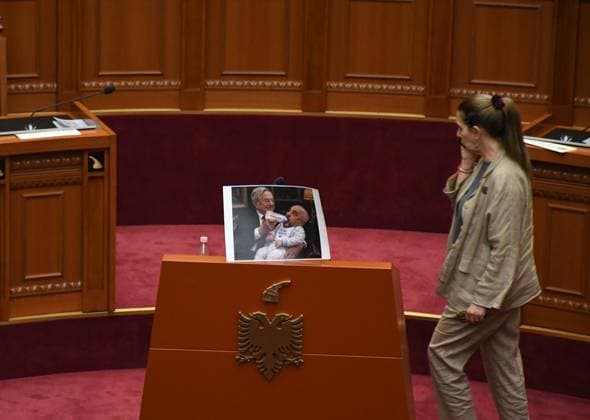 Opposition MPs in Albania block the parliamentary podium TIRANA, ALBANIA - JUNE 18: Opposition MPs unfurl banners in support of the demonstrations as session of the Albanian Parliament is interrupted several times after MPs from the main opposition party, the Democratic Party (PD), block the podium in Tirana, Albania on June 18, 2026. The agenda for the parliamentary session included a briefing by Ferit Hoxha, Minister for European and Foreign Affairs, on the country’s accession negotiations with the European Union (EU), and the discussion of several draft laws. After Parliamentary Speaker Niko Peleshi gave the floor to Minister Hoxha, PD MPs blocked the podium, demanding that the floor be given to the party’s leader, Sali Berisha. Olsi She  Copyright: x2026xAnadoluxOlsixShehux