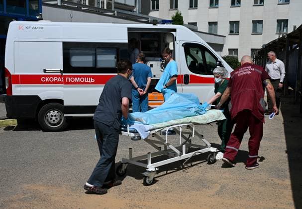 Belarus Russia Ukraine Bus Attack Hospital 9191412 18.06.2026 Medics wheel a child injured in a Ukrainian drone strike on a passenger bus carrying Belarusian citizens in Russia™s Bryansk region outside the Republican Scientific and Practical Centre for Pediatric Surgery in Minsk, Belarus. RIA Novosti Sputnik Minsk Belarus  Copyright: xRIAxNovostix