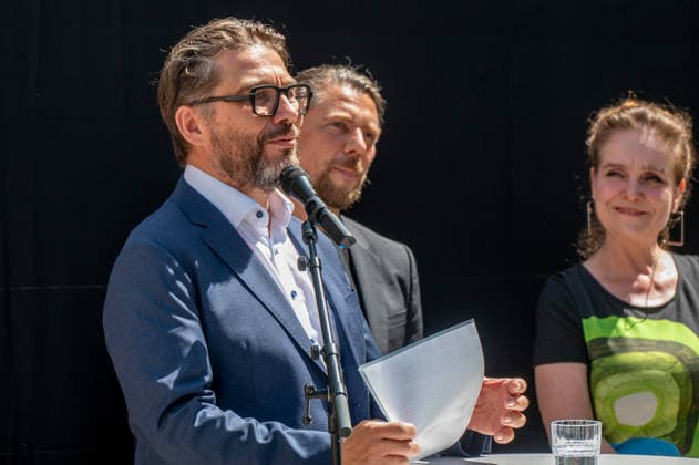 Muenchen bei der Praesentation des Bauzaunes, Start in die Bauphase, es spicht Dr. Markus Speidel, Direktor Stadtmuseum *** Munich