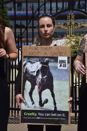June 18, 2026, Ascot, England, United Kingdom: Animal rights activists from the group Animal Aid stage a protest outside Ascot Racecourse during Royal Ascot 2026, calling for an end to horse racing. Campaigners say that around 200 racehorses die each year in the UK. Ascot United Kingdom  - ZUMAv130 20260618_zip_v130_018 Copyright: xVukxValcicx