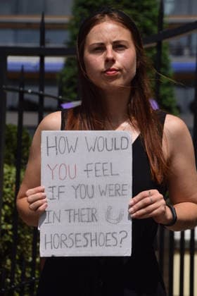 June 18, 2026, Ascot, England, United Kingdom: Animal rights activists from the group Animal Aid stage a protest outside Ascot Racecourse during Royal Ascot 2026, calling for an end to horse racing. Campaigners say that around 200 racehorses die each year in the UK. Ascot United Kingdom  - ZUMAv130 20260618_zip_v130_019 Copyright: xVukxValcicx