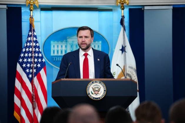 Vice President JD Vance conducts a briefing for the media at the White House in Washington DC on Thursday, June 18, 2026. Vance led the team that negotiated the recent Memorandum of Understanding that resulted in the effective end of military action against Iran.  WAX20260618701 AaronxSchwartz
