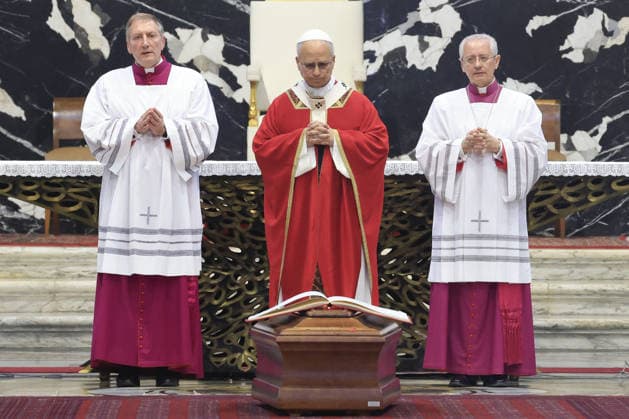 Funeral service of Cardinal Camillo Ruini at the Vatican VATICAN CITY, VATICAN, JUNE 18: Pope Leo XIV prays in front of the coffin of Cardinal Camillo Ruini at the end of his funeral Mass in St. Peter s Basilica at the Vatican on June 18, 2026. Ruini, who served as Cardinal Vicar of Rome and president of the Italian Episcopal Conference and was one of the representatives of the conservative wing of the Catholic Church, died in Rome, Italy, on June 16 at the age of 95. Riccardo De Luca Anadolu Vatican City Vatican. Editorial use only. Please get in touch for any other usage.  Copyright: x2026xAnadoluxRiccardoxDexLucax