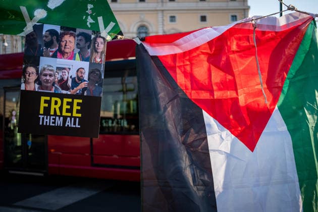 June 18, 2026, Rome, Rm, Italy: Amnesty International launches a permanent national mobilization with protests across Italy in support of the 10 people from the Global Sumud Land Convoy who have been held captive in Libya for 24 days. In Rome, activists gather in the square in front of Termini Station, near the statue of Pope John Paul II. Rome Italy - ZUMAg256 20260618_znp_g256_006 Copyright: xMarcoxDixGianvitox