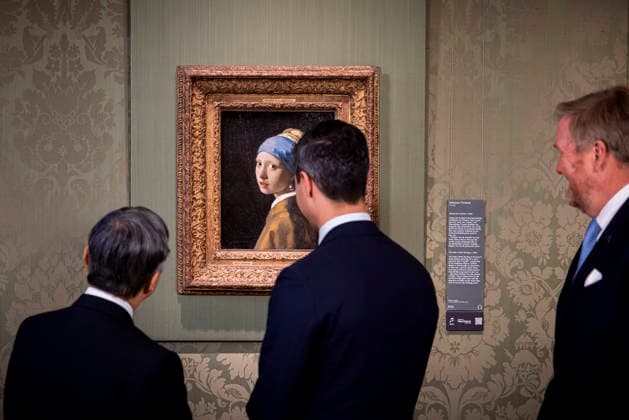 18-06-2026 Statevisit King Willem-Alexander and Emperor Naruhito of Japan and Prime Minister Rob Jetten posing in front of the painting a Girl with a Pearl Earring by Johannes Vermeer (Meisje met de Parel van Johannes Vermeer) at the Mauritshuis in The Hague on the 2nd day of the 3 day statevisit to the Netherlands. Â  Copyright: xPPEx
