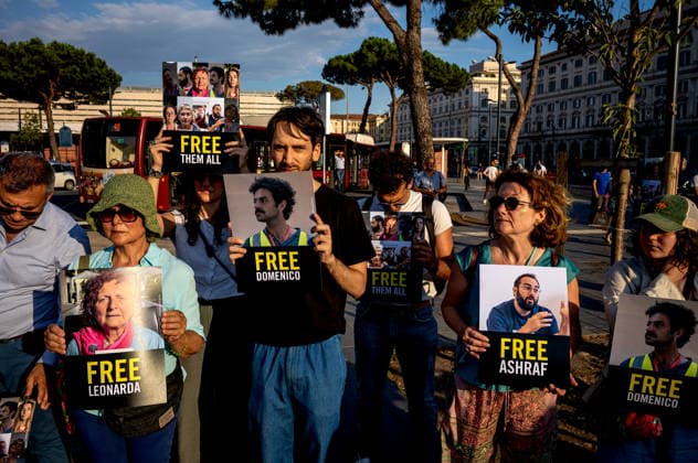 Rally calling for the release of the activists from the Global Sumud Land Convoy ROME, ITALY - JUNE 18: A nationwide protest has been organised to demand the release of the 10 activists from the Global Sumud Land Convoy who were transporting humanitarian aid to the Gaza Strip by land and were arrested in Libya on 24 May. The protest was organised by Amnesty International in front of Termini Station, near the statue of Pope John Paul II on June 18, 2026 in Rome, Italy. Rome Italy Copyright: xStefanoxMontesix