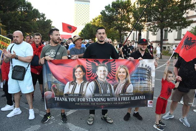 Anti-tourism project protests continue for 19th day in Albania TIRANA, ALBANIA - JUNE 18: Protests against a planned tourism project in the Zvernec area of the coastal city of Vlora continue for a 19th consecutive day in Tirana, Albania on June 18, 2026. Demonstrators gathered in Skanderbeg Square under the slogan Albania is not for sale, with a large number of participants joining the rally. Protesters opposed the reported sale of a beach in Zvernec as part of a tourism project allegedly linked to Ivanka Trump and Jared Kushner. Carrying banners, placards, and Albanian flags, demonstrators marched along the Boulevard of the Martyrs of the Nation toward the Prime Minister’s Office. Olsi Shehu Anadolu Tirana Albania. Editorial use only.  Copyright: x2026xAnadoluxOlsixShehux