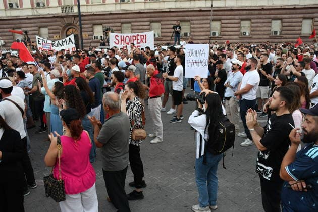 Anti-tourism project protests continue for 19th day in Albania TIRANA, ALBANIA - JUNE 18: Protests against a planned tourism project in the Zvernec area of the coastal city of Vlora continue for a 19th consecutive day in Tirana, Albania on June 18, 2026. Demonstrators gathered in Skanderbeg Square under the slogan Albania is not for sale, with a large number of participants joining the rally. Protesters opposed the reported sale of a beach in Zvernec as part of a tourism project allegedly linked to Ivanka Trump and Jared Kushner. Carrying banners, placards, and Albanian flags, demonstrators marched along the Boulevard of the Martyrs of the Nation toward the Prime Minister’s Office. Olsi Shehu Anadolu Tirana Albania. Editorial use only.  Copyright: x2026xAnadoluxOlsixShehux