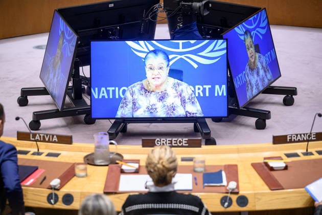 (260618) -- UNITED NATIONS, June 18, 2026 -- The UN secretary-general s special representative for Libya and head of the UN Support Mission in Libya, Hanna Tetteh (on screens), speaks via video link at a Security Council meeting at the UN headquarters in New York, June 18, 2026. The top UN envoy for Libya on Thursday called for advancing the political process in the country, building on the conclusion of a six-month-long structured dialogue. ( UN Photo Handout via Xinhua) UN-SECURITY COUNCIL MEETING-LIBYA LoeyxFelipe 