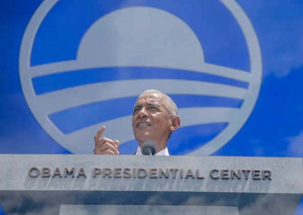 Former President Barack Obama speaks at the grand opening for the Obama Presidential Center in the center s John Lewis Plaza in Chicago, Illinois, on Thursday, June 18, 2026. The grounds open to the public on Juneteenth, June 19th.  CHI20260618862 TANNENxMAURY