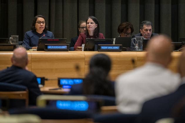 (260618) -- UNITED NATIONS, June 18, 2026 -- Carolyn Rodrigues-Birkett (L) from Guyana, candidate for the position of UN secretary-general, speaks during the interactive dialogue at the UN headquarters in New York, June 18, 2026. The UN General Assembly on Thursday convened an interactive dialogue with Carolyn Rodrigues-Birkett, Guyana s permanent representative to the United Nations, who was nominated by Guyana early this week for the position of UN secretary-general. ( Handout via Xinhua) UNGA-INTERACTIVE DIALOGUE-LATEST CANDIDATE-NEXT SECRETARY-GENERAL MarkxGarten UNxPhoto 