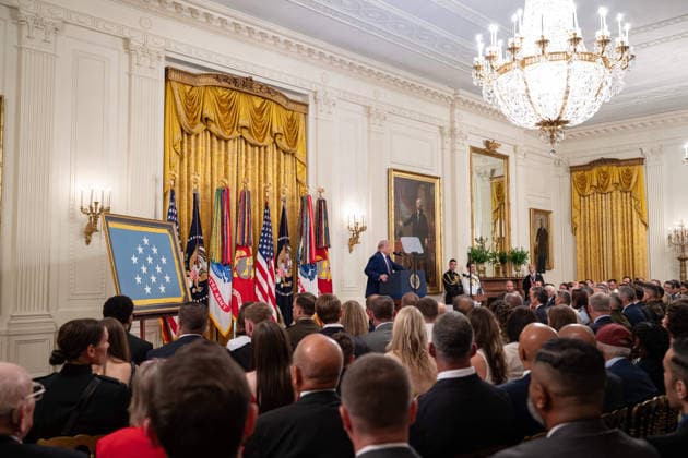June 18, 2026, Washington, Disitrirct Of Columbia, United States: President Donald Trump delivers remarks during a Medal of Honor ceremony in the East Room of the White House in Washington, D.C., on Thursday, June 18, 2026, honoring retired U.S. Marine Corps Major James Capers, Jr., retired U.S. Army Major Nicholas Dockery, and retired U.S. Marine Corps Colonel John W. Ripley, who was recognized posthumously. Washington United States - ZUMAk206 20260618_znp_k206_008 Copyright: xMattxKaminskyx