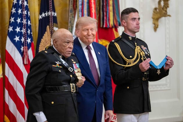 June 18, 2026, Washington, Disitrirct Of Columbia, United States: Retired U.S. Marine Corps Major James Capers, Jr. receives the Medal of Honor during a ceremony hosted by President Donald Trump in the East Room of the White House in Washington, D.C., on Thursday, June 18, 2026. Capers was recognized for acts of gallantry and intrepidity above and beyond the call of duty while serving in the Republic of Vietnam from March 31 to April 3, 1967. Washington United States - ZUMAk206 20260618_znp_k206_019 Copyright: xMattxKaminskyx
