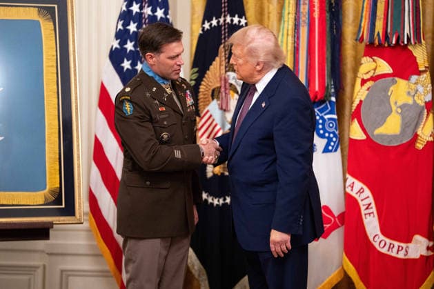 President Trump Awards Medals of Honor United States President Donald Trump awards Major Nicholas Dockery the Medal of Honor during a ceremony in the East Room of the White House in Washington, DC, USA, on Thursday, June 18, 2026. Credit: Aaron Schwartz Pool via CNP Washington District of Columbia United States  Copyright: xPool ABACAx